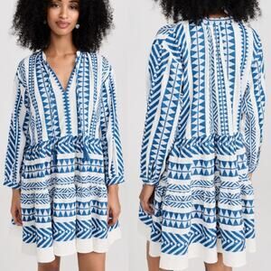 NEW Marea Tuckernuck‎ Geometric Tiered Dress Blue White Tassels Long Sleeve Med